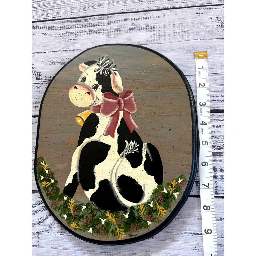 Hand Painted Cow Wall Plaque Wood Oval Red Bow Bell Farmhouse Decor